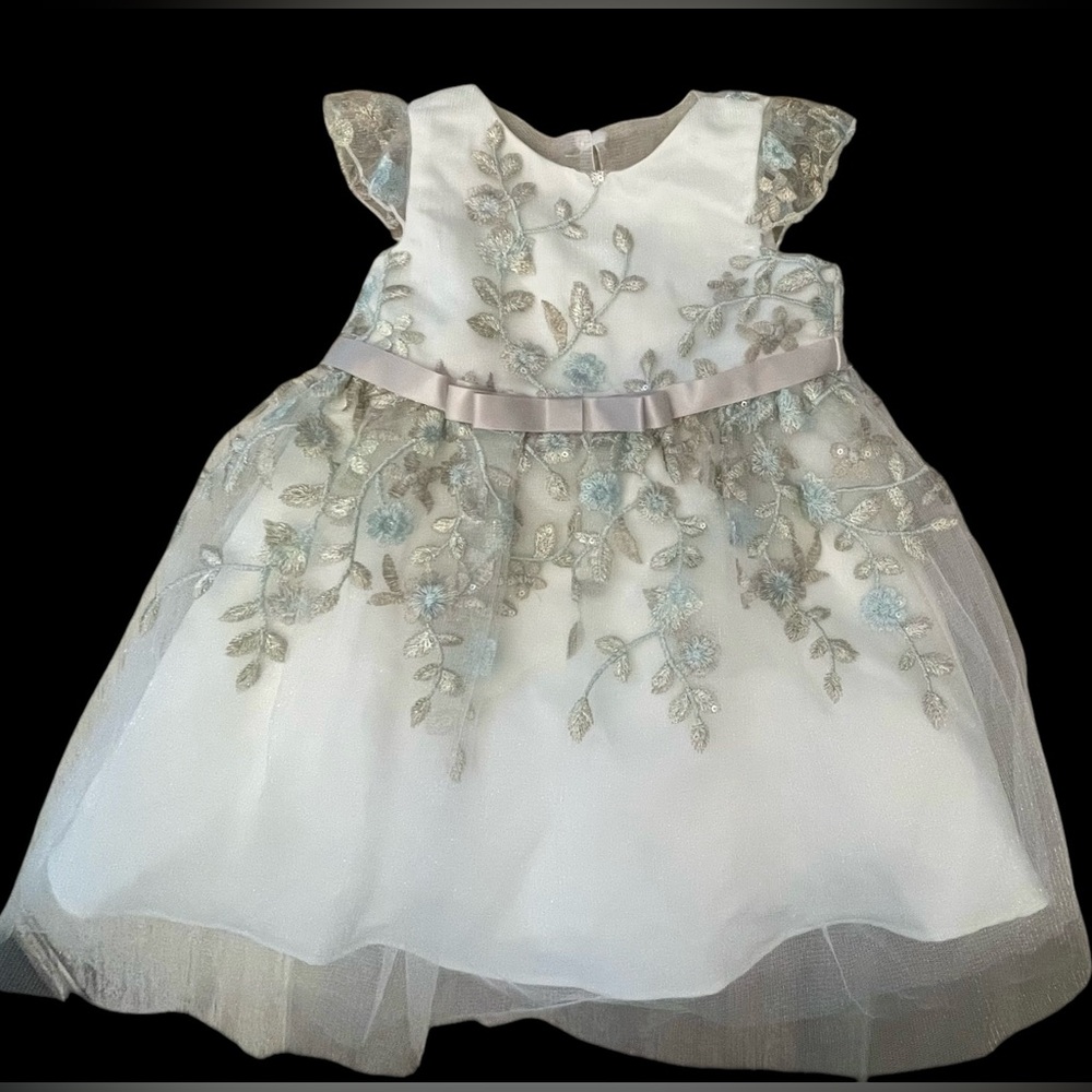 Rare Editions White and Silver Floral Dress w/bloomers